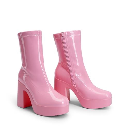 DREAM PAIRS Women's Platform Gogo Ankle Boots High Chunky Block Heel Square Toe Booties Shoes,Size 8,Pink,SDAB2310W
