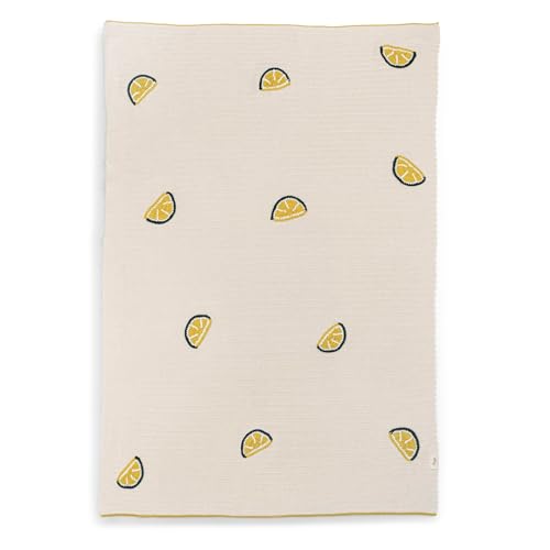 Crane Baby Cotton Knit Baby Blanket, Lemon Embroidered Knitted Stroller Blanket for Boys and Girls, Soft Lightweight Gender Neutral Crib Blanket, Cream and Yellow Nursery Decor, 30" x 40"