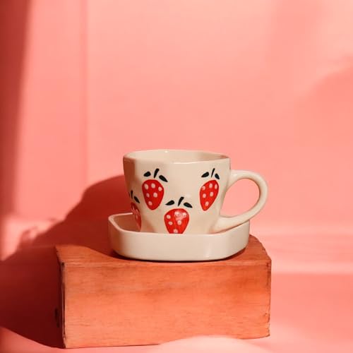 Image of Handcrafted Strawberry Ceramic Mug and Saucer Set, Coffee Mugs & Cups, Coffee Cup and Saucer Set, Ceramic Mugs,250ML