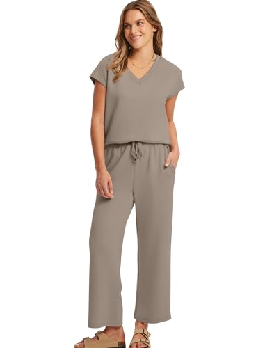 Image of Saloogoe Two Piece Sets for Women Summer Outfits Lounge Sets V Neck Tops Wide Leg Pants Woman Vacation Travel Outfits