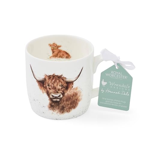 Royal Worcester x Wrendale Designs Highland Cow Coffee Mug - Fine Bone China White Mug with Handle Featuring Cow Illustration by Artist Hannah Dale Microwave & Dishwasher Safe 310ml