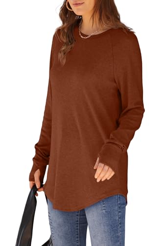 Image of XIEERDUO Womens Tunic Tops to Wear with Leggings Long Sleeve Thumb Hole Shirts Crew Neck Curved Hem