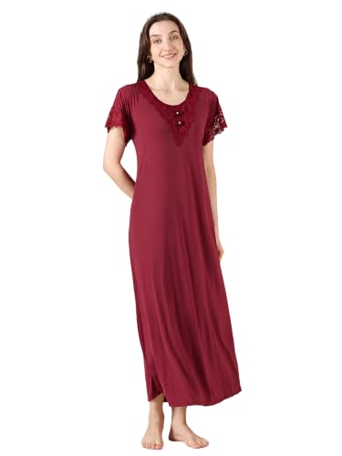 Image of 9shines Label Stylish Soft Modal Maxi Nighty | Honeymoon Nighty | Full Length Trendy Nightgown | V-Neck Lace | Premium Nightdress | Soft Long Nightdress | Maxi Gown Nightwear for Women (Malai Satin)