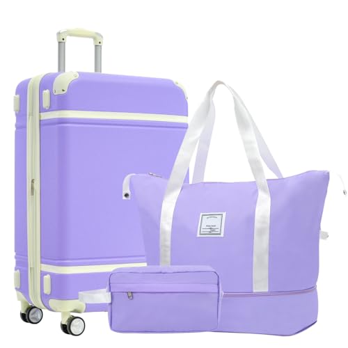 TSA Lock Hardshell Luggage Sets Lightweight Suitcase Double Spinner Wheels Vintage 24IN Purple with Travel Bags Durable (Purple + ABS)