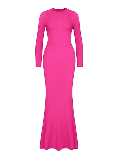 Image of REORIA Women's Sexy Crew Neck Lounge Long Dress Elegant Long Sleeve Ribbed Bodycon Maxi Dresses