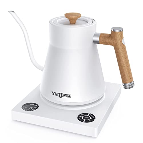 Image of Paris Rhone Gooseneck Electric Kettle, Temperature Variable Tea Kettle for Coffee Tea Brewing, 1L Stainless Steel Electric Kettle, 2H Keep Warm, Built-in Stopwatch, White