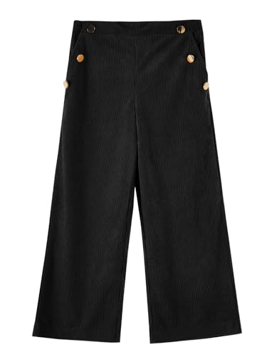 Image of Haloumoning Girls Wide Leg Corduroy Pants Kids Elastic Waist Gold Button Trousers with Pockets 5-14 Years