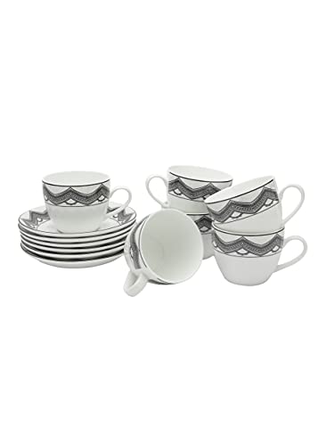 Image of Clay Craft Fine Ceramic Cup and Saucer Set of 12 (6 Tea Cups + 6 Saucers) White Black Can Be Used for Birthdays, Anniversaries, Parties, Mother, Father, Sister, Grey, Medium (CC-CS12-CREAM-S344)
