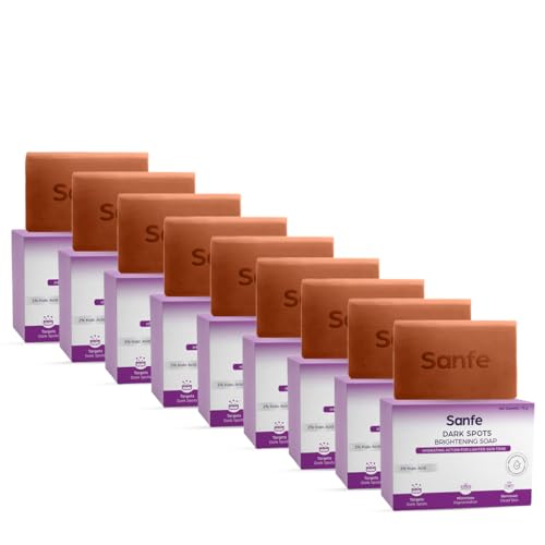 Image of Sanfe Soaps Kojic Acid Soap for Bath | Detan Soap | Dark Spots Brightening & Pigmentation Removal | Skin Whitening Soap Bar | Tanning Removal Soap for Men & Women | 75g | Pack of 9