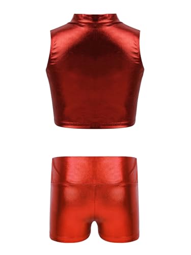 Kids Girls 2pcs Shiny Metallic Gymnastics Dance Tracksuit Sleeveless Mock Neck Crop Top Vest And Boy Shorts Set Red 16 Years2