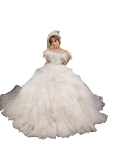 GZCYL Ivory Pageant Dress for Girls Off Shoulder Feathers Sparkly Flower Girls Dresses for Wedding Ball Gowns