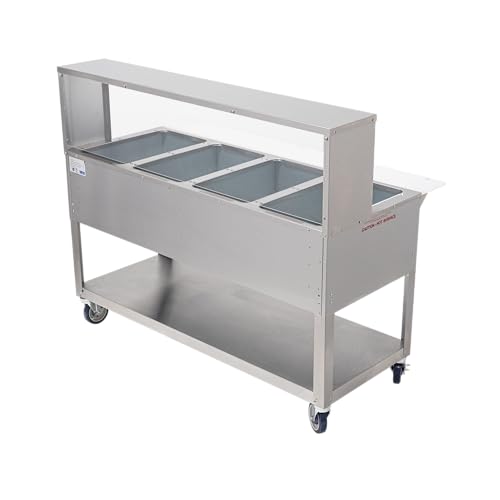 kratos commercial mobile electric steam tablehot food table with overshelf and sneeze guard 4 wells stainless steel nsf 120v 28w-203
