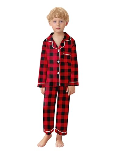 Schbbbta Christmas Family Pajamas Matching Sets Silk Satin Long Sleeve Pj Set Sleepwear Nightwear, Red Black, 7-8 Years3