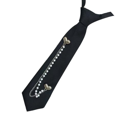LAIOUSN Corbata de cadena de perlas de imitación de corazón estético para eventos escolares y citas informales, ajustable, preatada, color negro, corbata para mujer