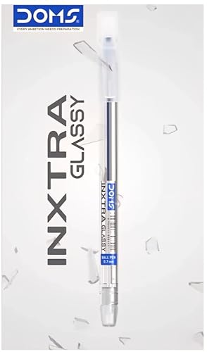 Image of Doms Inxtra Glassy 0.7mm Ballpen-Pack Of 5 Pens | Blue Ink| Transparent Clear Body| Comfortable Grip For Smooth & Long Writing| Non-Fading & Smudge Free, Quick Dry, Lightweight, Pocket Clip