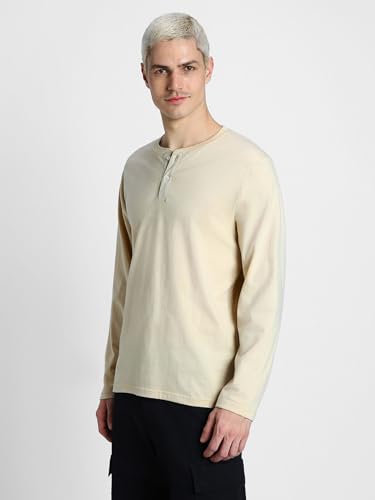 Image of Veirdo Pure Cotton Regular Fit Henley Neck Plain Solid Full Sleeve T-Shirt for Men & Boys (Color Options: Black, Red, Swanwhite, Navy Blue, White, Cork, Green, Maroon, Mustard, Royal Blue)