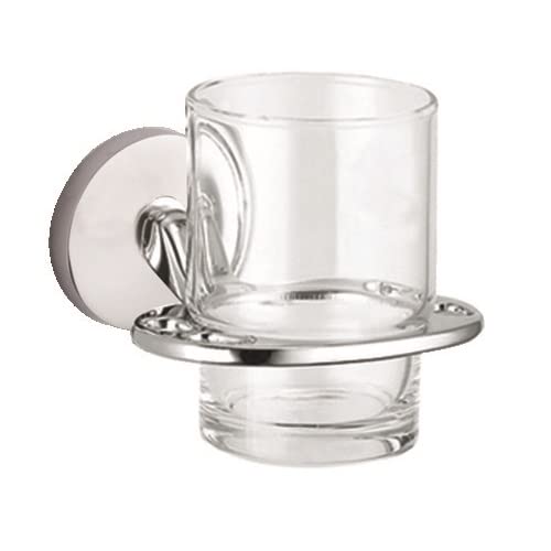 Tredoni Wall-Mounted Brushed-Nickel Chrome Toothbrush Holder with Clear Glass Tumbler/Cup (Brushed Nickel)