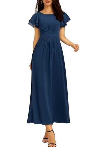 Women's Scoop Neck A-Line Formal Cocktail Party Dress Ruffle Sleeve Elegant Long Wedding Guest Dress