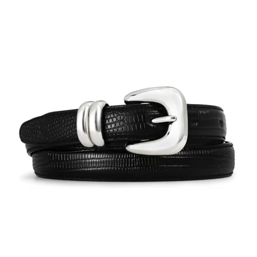 Black Thin Belt for Women Sleek Silver Buckle Snake Texture Leather Skinny Belts for Casual & Formal Wear