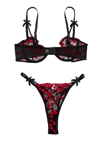 Image of Lilosy Sexy Underwire Cute Push Up Strappy Embroidered Mesh Sheer Lingerie Set See Through Panty Bra