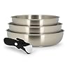 MENASTYL - Lot de 3 poêles inox 18/10 amovibles Iris Inox sans PFAS - Tous feux dont induction, four, réfrigérateur et lave-vaisselle - Empilables et résistantes - Poignée double sécurité