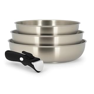 MENASTYL - Lot de 3 poêles inox 18/10 amovibles Iris Inox sans PFAS - Tous feux dont induction, four, réfrigérateur et lave-vaisselle - Empilables et résistantes - Poignée double sécurité