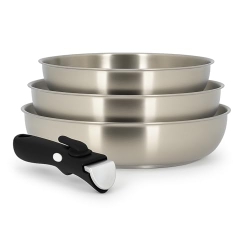 MENASTYL - Lot de 3 poêles inox 18/10 amovibles Iris Inox sans PFAS - Tous feux dont induction, four, réfrigérateur et lave-vaisselle - Empilables et résistantes -...
