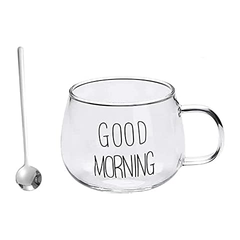 Dlmlemu 'Good Morning' Breakfast Cup with Spoon, Water Cup, Milk Cup, Yogurt Glass, Coffee Mug, Juice Cup, Milkshake Glass, Gift Cup for Birthday, Christmas, Family, Friends Cover