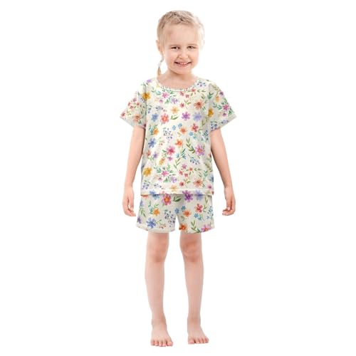 ALAZA Sweet Flower Floral Pajamas Set Short Sleeve Cotton Sleepwear Summer Pjs 2 Piece 5-14Y3