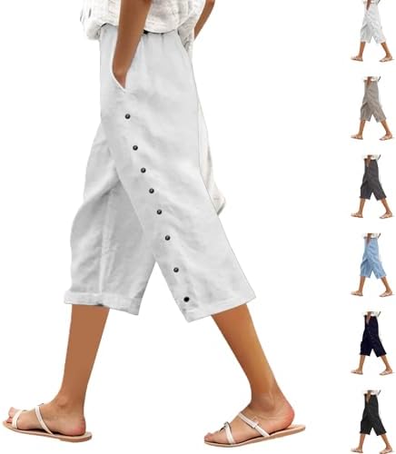 Women Linen Pants Side Buckle Design Capri with Pockets Summer Lightweight Casual Breathable Elastic Waist Pant 2026