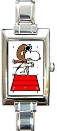 Fighter Pilot Snoopy Rectangular Italian Charm Watch with Stainless Steel 16 Link Wrist Strap Peanuts Charlie Brown