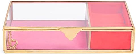BTFY Jewellery Box, Pink Velvet Lined Jewellery Organiser w/Brass Detailing & Glass Case, Tabletop Accessory Storage with Ring Pad & Bracelet Section, Compact Trinket Box for Dressing Table