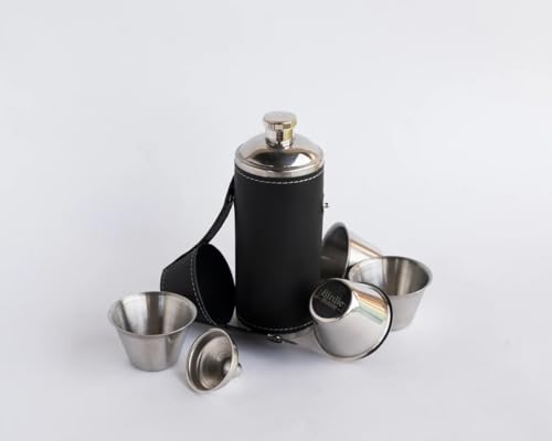 Birdie Bottle 8oz Black Flask with 4 Shot Glasses in Cap – Stainless Steel with Waterproof Leather Case, Leakproof, Travel-Ready