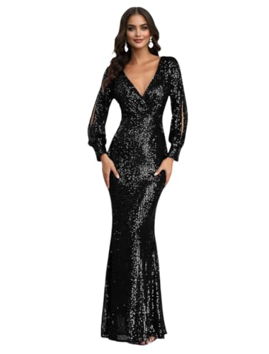 Mermaid Evening Party Gown Formal Wedding Guest Dress Floor Length Long Sleeve V Neck Sequin Fitted Elegant Prom Dress 2025