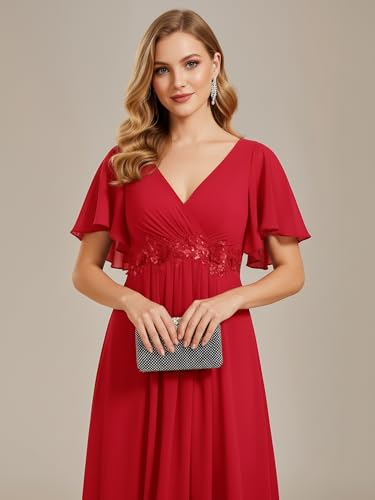 Image of Ever-Pretty Women's Spring Short Sleeve Bridesmaid Dresses V-Neck Chiffon Ruched Empire Waist Appliques Long Formal Dress