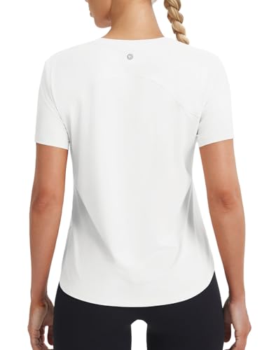 baleaf Ice Cooling Short Sleeve Workout Tops for Women Running Shirts UPF 50+ Athletic Tennis Breathable Quick Dry Moisture Wicking Stretch Loose Fit Gym White M
