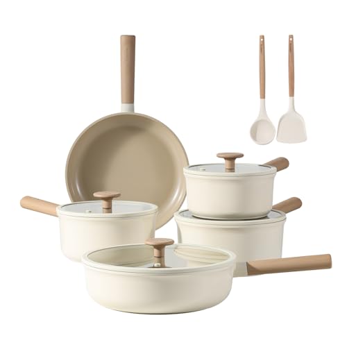 CAROTE Nonstick Pots and Pans Set, 11 Pcs Ceramic Cookware Sets, Healthy Non Stick Induction Cookware Kitchen Granite Cooking Set w/Frying Pans & Saucepan, PFOS, PFOA Free