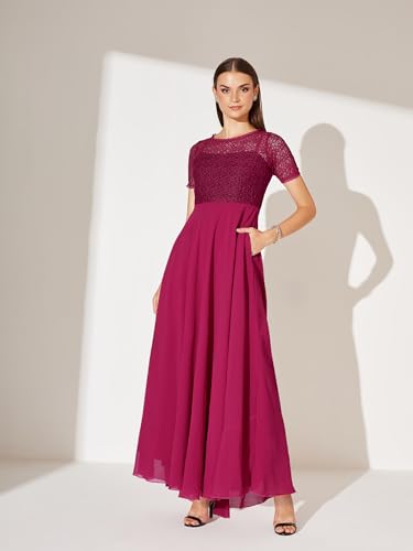 Image of Miss Chase Women's Round Neck Half Sleeve Lace Overlaid Maxi Dress (MCAW25D84-28-23-08, Pink, 3XL)