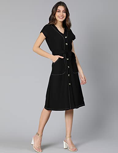 Image of oxolloxo Women Cotton Shirt Regular Sleeves Solid Party Dress