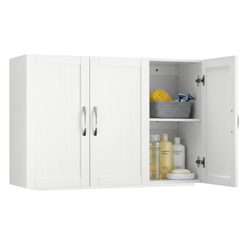 Sweetcrispy Hängeschrank Badezimmer, schmaler Wand-Organizer mit verstellbaren Regalböden, für Bad/Küche/Waschraum/Flur, Weiß, 90x30x60cm