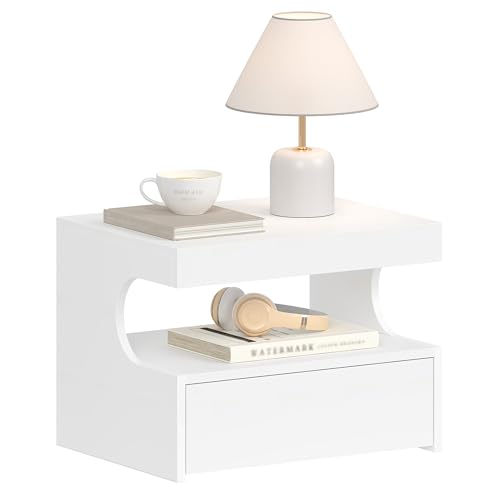 Hzuaneri Mesilla de Noche Flotante, Mesita de Noche de Pared con Repisa Colgante y 1 Cajón con Guías, Diseño en Forma de U, Moderna, para Dormitorio Salón, 30 x 40 x 29,2 cm, Blanco NS50103X