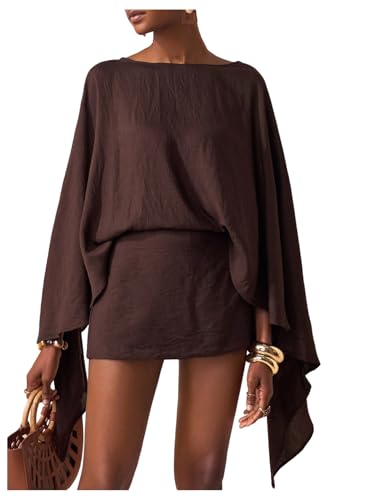 MakeMeChic Womens Linen Sets 2 Piece Sets Summer Poncho Tops and Skorts Vacation Outfits Brown X-Small