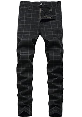 Men's Chino Pants Skinny Fit Plaid Flat-Front Stretch Slim Stylish Business Dress Pants,Black,32