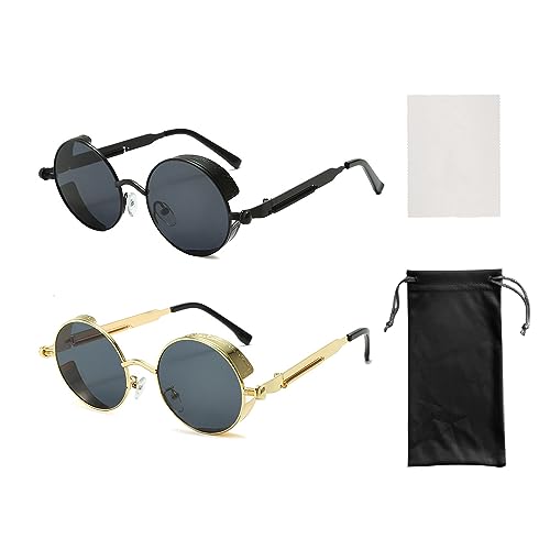 TAFACE 2 gafa de sol redondas retro, 1 paño, 1 bolsa de almacenamiento, gafas de sol punk, adecuadas para compras, fiestas, conducción (negro, oro, negro y dorado)