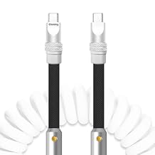 chubbycable Curly Colorblock Chubby 240W Coiled USB C Cable Braided Silicone Retractable Fast Charging Cable Compatible with iPhone 17-15 Series, White+Black, Type-C to Type-C, 2.29FT-3.6FT