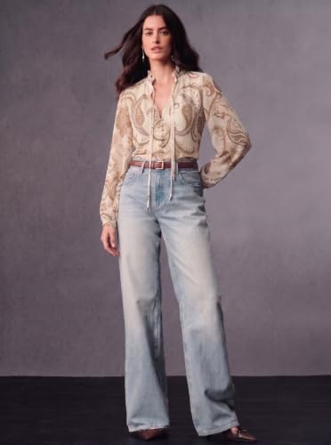 Image of Women Georgette Regular Fit Shirt ||Women Top || Cecily Paisley-Trim Button-Front Shirt (S-01-04)