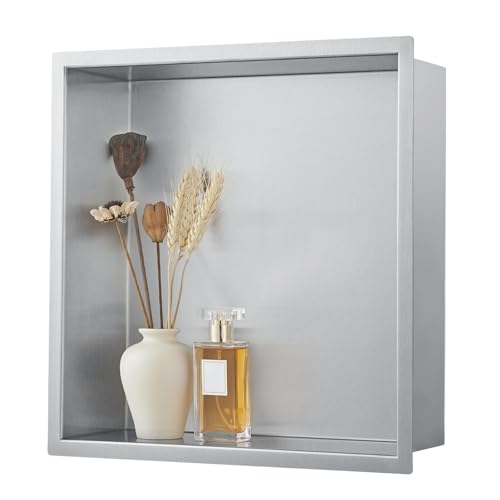 LBTBDBN 14"x14"x4" Stainless Steel Shower Niche No Tile Needed - Brushed Nickel Bathroom Wall Niche Insert, Recessed Waterproof Shelf for Drywall/Tile Showers