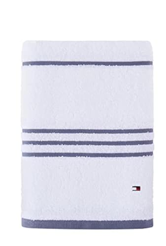 Image of Tommy Hilfiger Modern American Stripe Bath Towel, 30 X 54 Inches, 100% Cotton 574 GSM (White /Steel Grey)