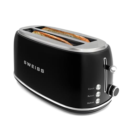 SWEISS Tostador GRV9 vintage, 2 ranuras, 6 niveles de potencia, Descongelación, Baguettes, Rápido y uniforme, Fácil limpieza, Bandeja recogemigas, Negro, 1500 W - imagen 3