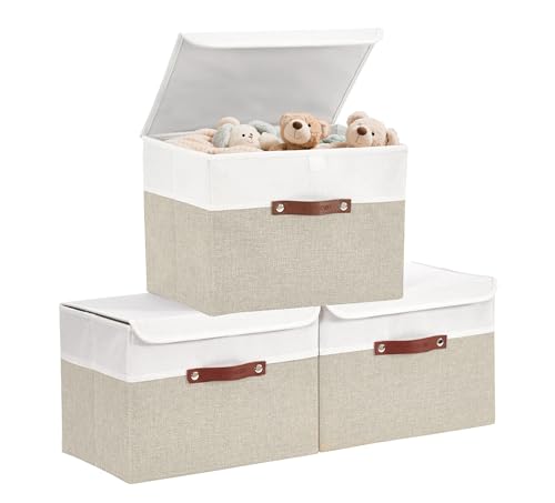 DECOMOMO Fabric Storage Bins with Lid, Storage Baskets for Shelves (Beige and White, 3 Pack)